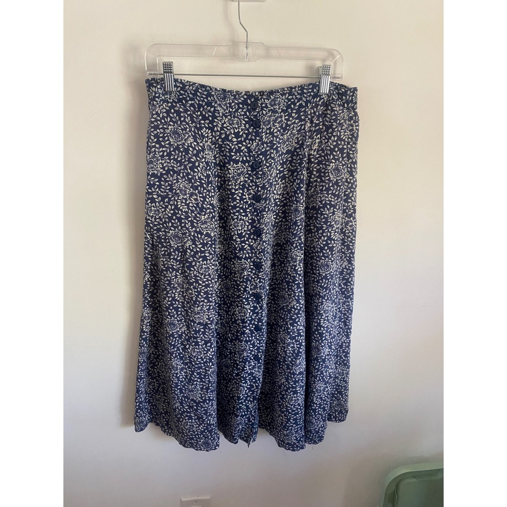 Sag Harbor Vintage 90s Blue White Floral Rayon Button Front Midi Skirt Medium